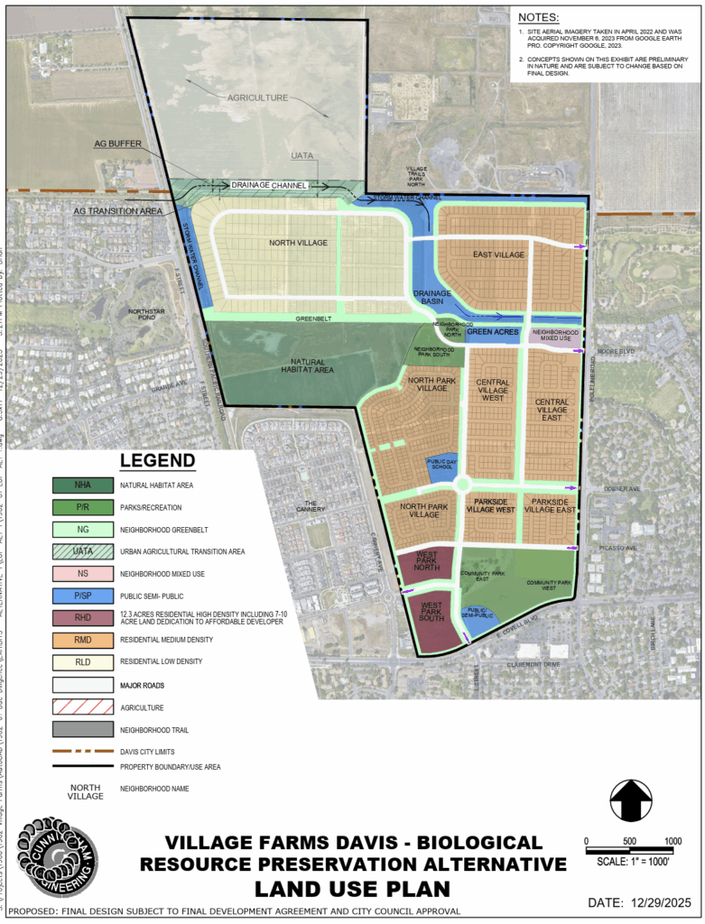 A map illustration of Village Farms Davis the land plan